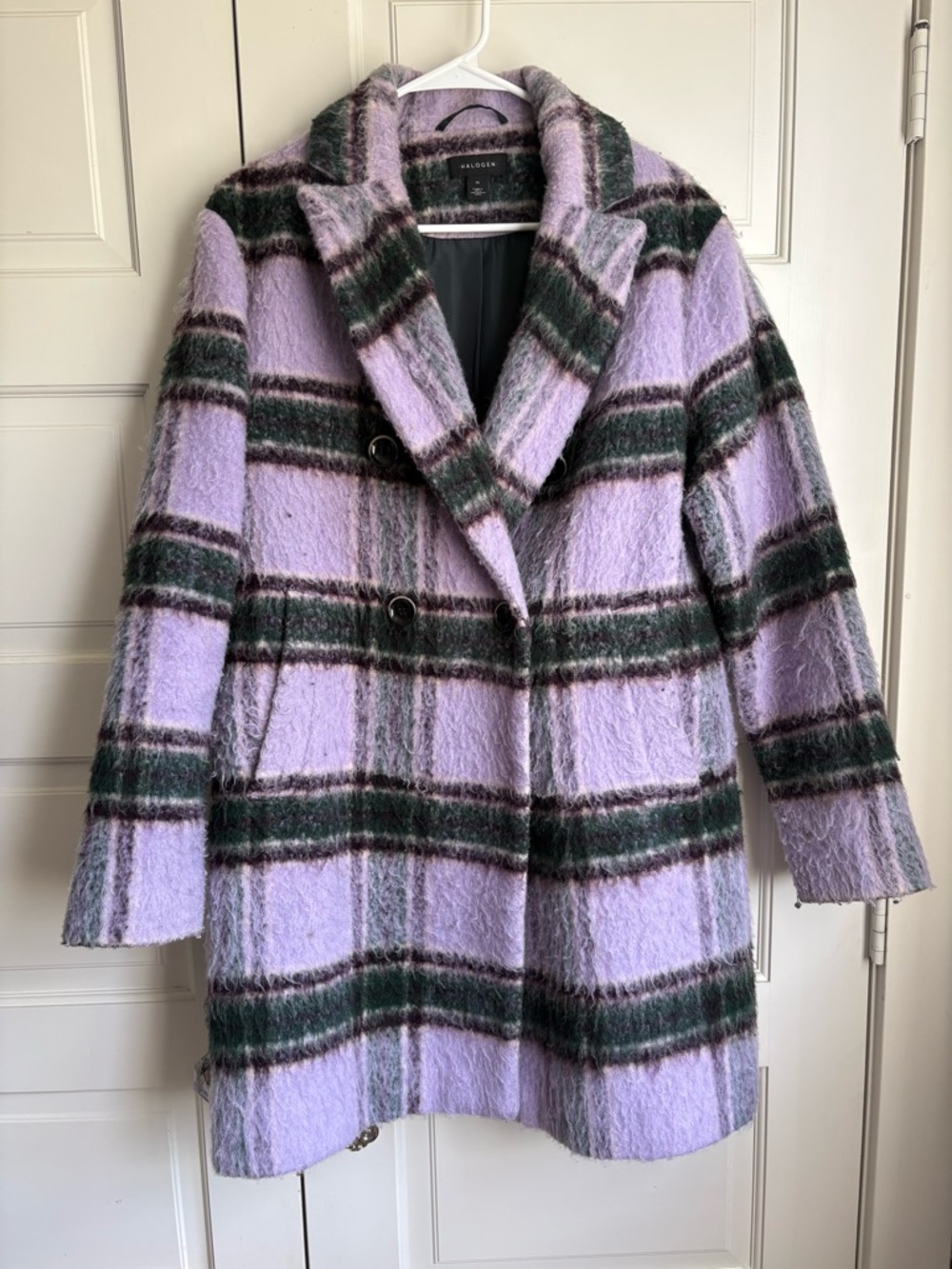 Halogen Lavendar and Dark Green Plaid Double-Breasted Pea Coat